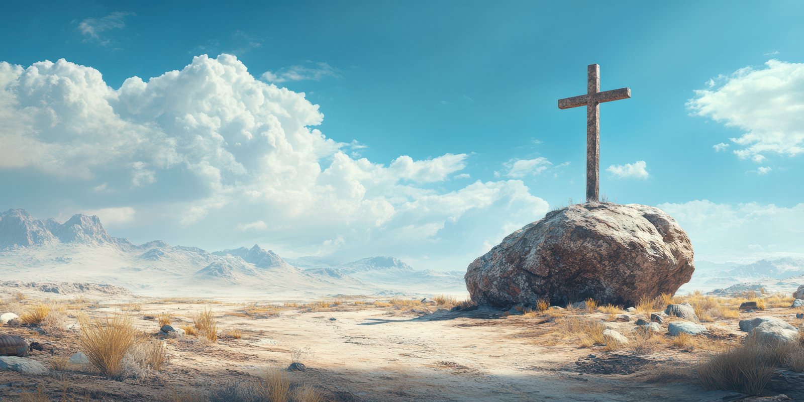 Rustic cross stands on a large boulder in a remote desert landscape under a bright, clear blue sky